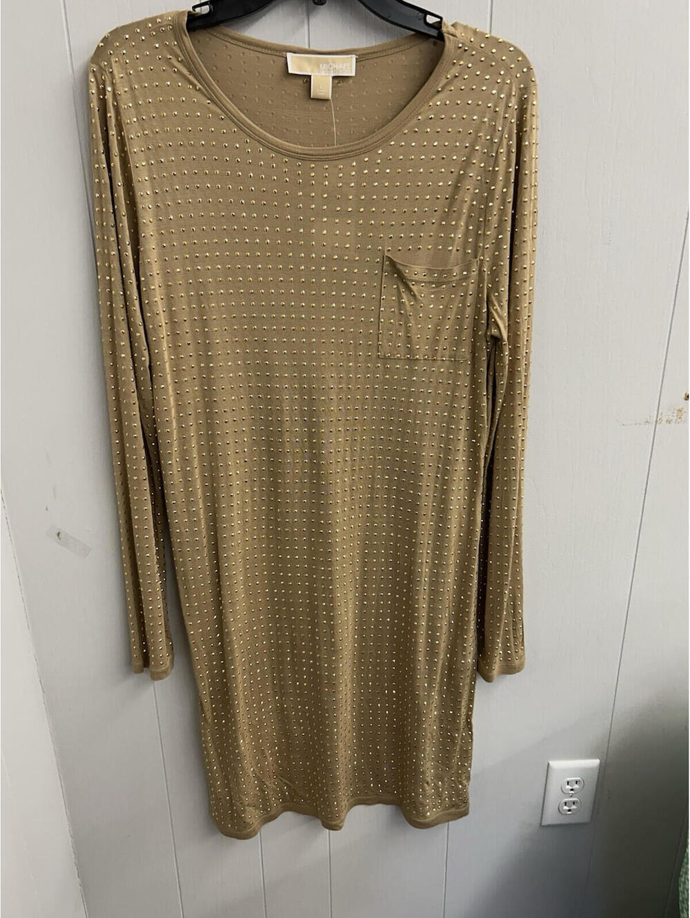 Michael Kors Dress. Tan With  Gold Studs. Pocket On Front. Size Large. NWT